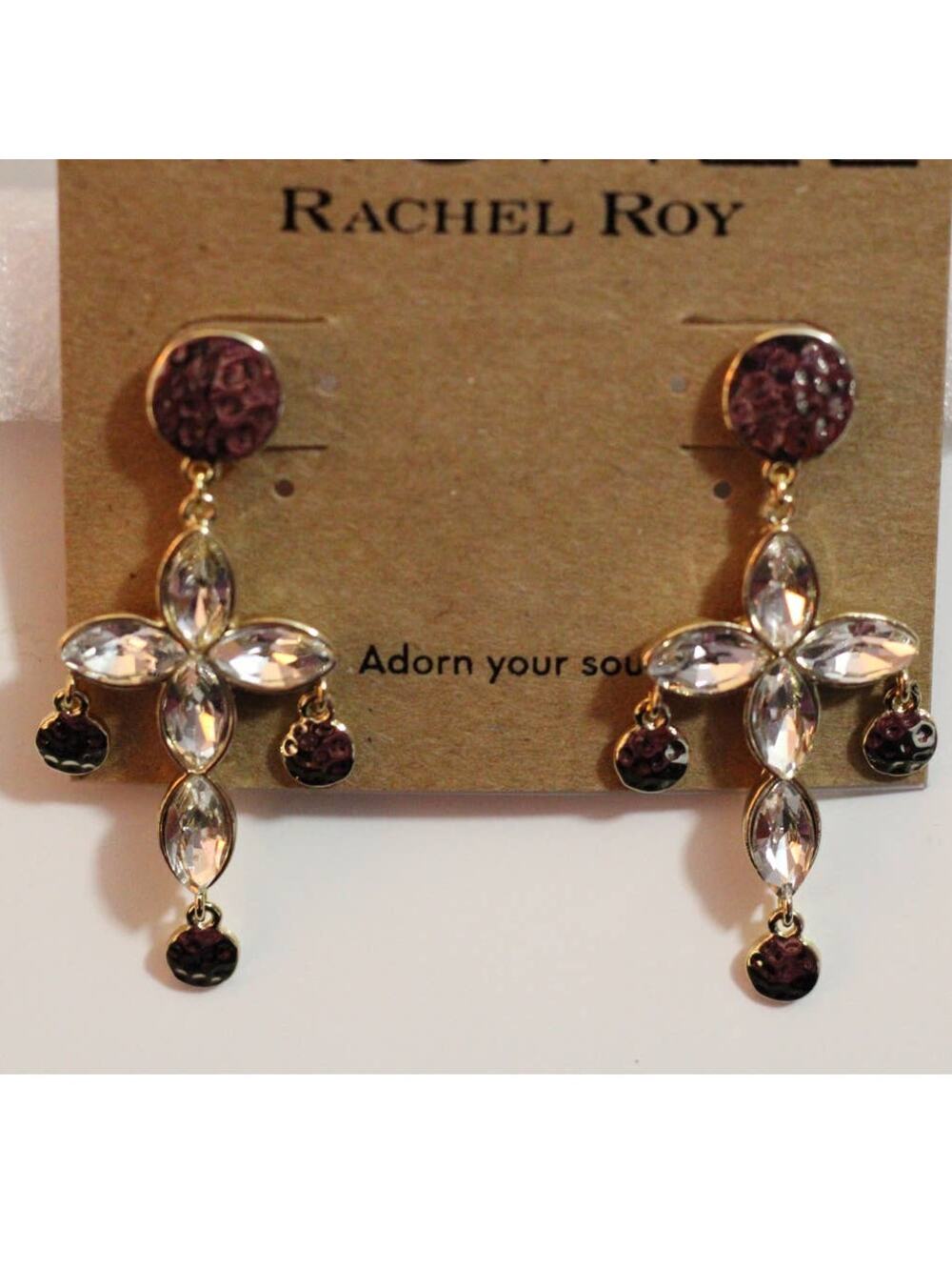 Rachel Roy Gold Crystal Cross Dangle Drop Post Fashion Earrings ~ NEW
